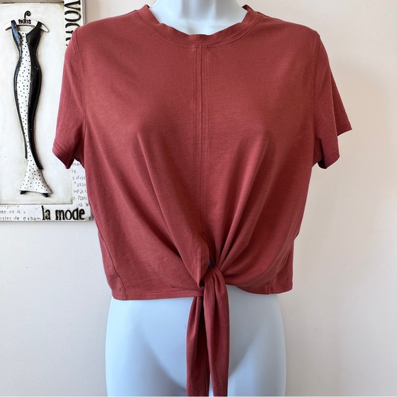 Lululemon Cotton Lycra Stretch Brick Short Sleeve Crop Tie Front Top - Picture 2 of 7